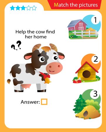 Matching game, education game for children. Puzzle for kids. Match the right object. Help the cow find her home.のイラスト素材