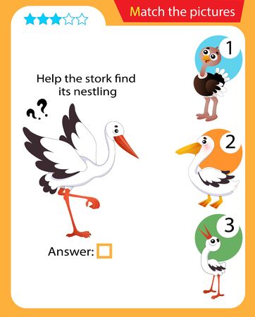 Matching game, education game for children. Puzzle for kids. Match the right object. Help the stork find its nestling.のイラスト素材