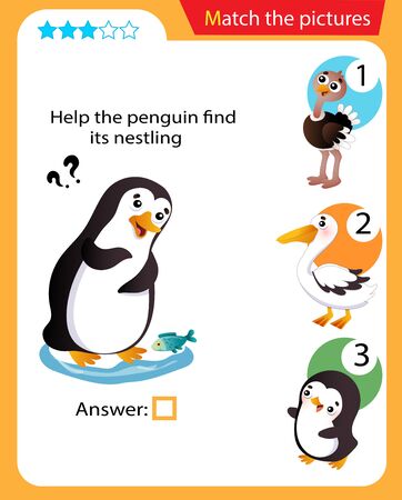 Matching game, education game for children. Puzzle for kids. Match the right object. Help the penguin find its nestling.のイラスト素材