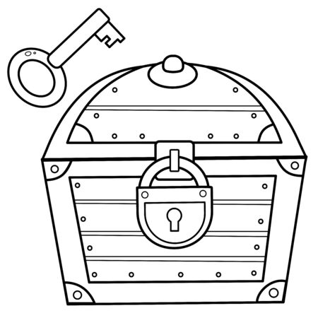 Coloring Page Outline of cartoon treasure chest with key. Closed coffer with lock. Decorative element for pirate party for kids. Coloring book for kids.のイラスト素材