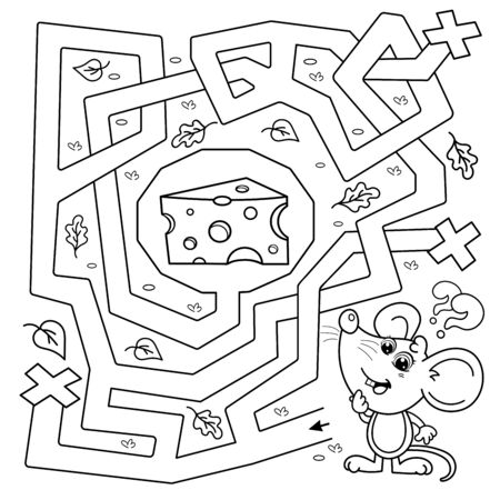 Maze or Labyrinth Game for Preschool Children. Puzzle. Tangled Road. Matching Game. Coloring Page Outline Of Cartoon mouse with cheese. Coloring book for kids.のイラスト素材
