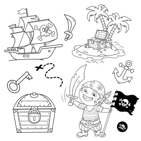 Cartoon set for pirate party for kids. Pirate ship with skull in sea. Pirate with black flag.Treasure chest. Closed coffer with lock. Golden key. Island of treasure. Coloring book for kids.のイラスト素材