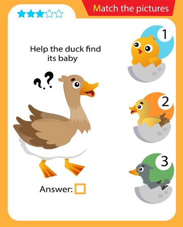 Matching game, education game for children. Puzzle for kids. Match the right object. Help the duck find its nestling.のイラスト素材