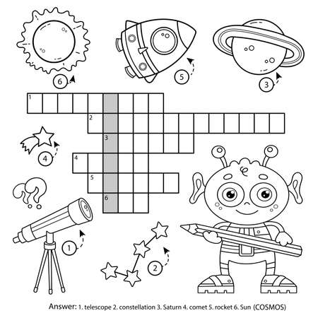Space crossword puzzle. Alien with telescope, planets and rocket. Coloring book for kids.のイラスト素材
