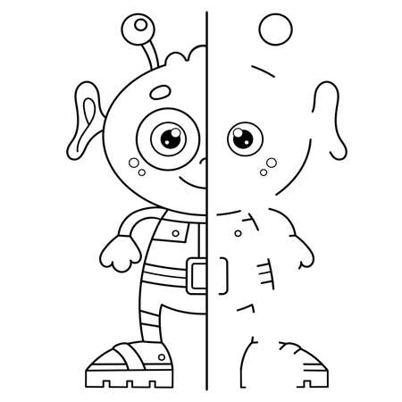 Draw symmetrically. Coloring Page Outline Of Cartoon little alien. Coloring book for kids.のイラスト素材