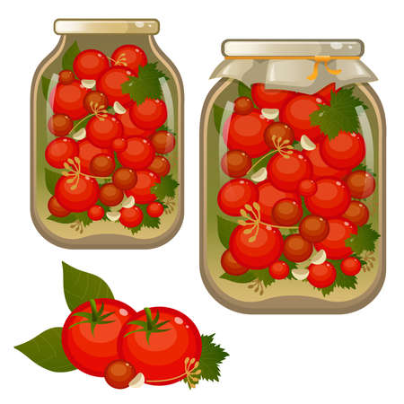 Color image of jar of pickled tomatoes. Vegetables. Pickles. Food and cooking. Vector illustration set.のイラスト素材