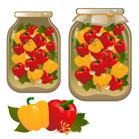 Color image of jar of pickled peppers. Vegetables. Pickles. Food and cooking. Vector illustration set.のイラスト素材