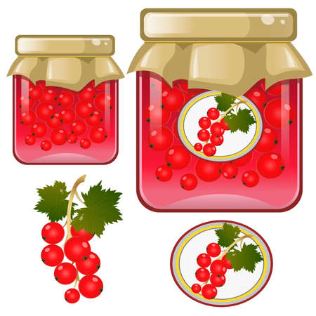 Color image of jar of red currant jam. Berries and fruits. Food and cooking. Vector illustration.のイラスト素材