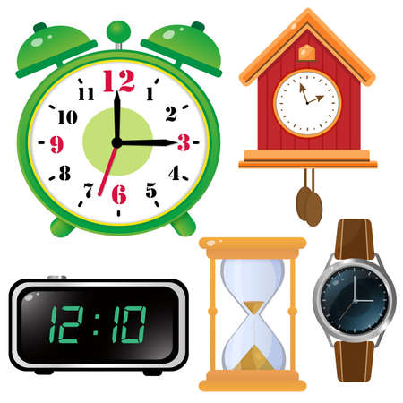 Color images of watches on white background. Alarm clock, hourglass, wall clock with cuckoo, electronic timepiece, wristwatch. Vector illustration set for kids.のイラスト素材