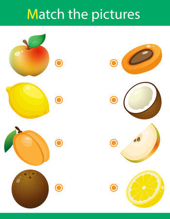 Matching game, education game for children. Puzzle for kids. Match the right object. Fruits, berries and their halves or slices. Apple, lemon, apricot, coconut.のイラスト素材