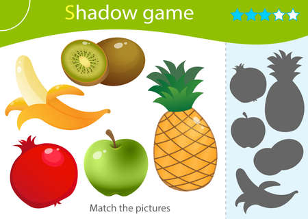 Shadow Game for kids. Match the right shadow. Color image of fruits. Banana, garnet, apple, pineapple, kiwi. Worksheet vector design for children and for preschoolers.のイラスト素材