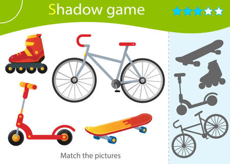Shadow Game for kids. Match the right shadow. Color image of Bicycle, scooter, skateboard and roller skates. Summer outdoor games and active recreation. Worksheet vector design for children and for preschoolers.のイラスト素材