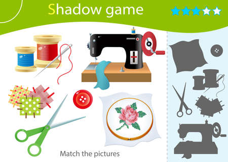 Shadow Game for kids. Match the right shadow. Color image of sewing machine, needle and thread, scissors, needlework and embroidery. Worksheet vector design for children and for preschoolers.のイラスト素材