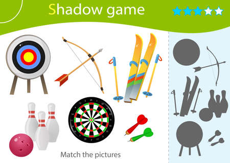 Shadow Game for kids. Match the right shadow. Color images of sports equipment. Skiing, archery, darts, bowling. Worksheet vector design for children and for preschoolers.のイラスト素材