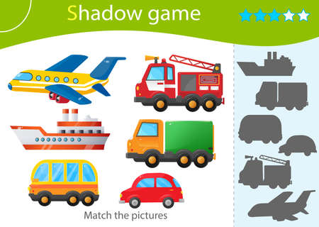 Shadow Game for kids. Match the right shadow. Color images of transportation or vehicle. Fire truck, car, truck, Bus, ship and plane. Worksheet vector design for children and for preschoolers.のイラスト素材
