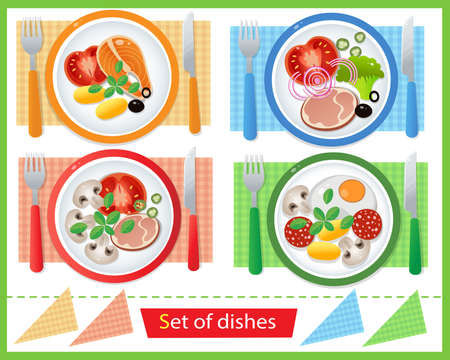 Color image of portion lunch or dinner on white background. Food and meals. Dishes and crockery. Vector illustration set kids.のイラスト素材