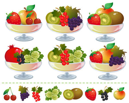 Color images of fruit and berry desserts on a white background. Set of vector illustrations for children.のイラスト素材