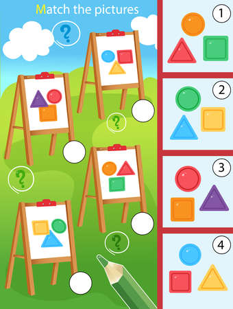 Match by color and shape. Puzzle for kids. Matching game, education game for children. Easels with geometric shapes. Square, circle, triangle. Worksheet for preschoolers.のイラスト素材