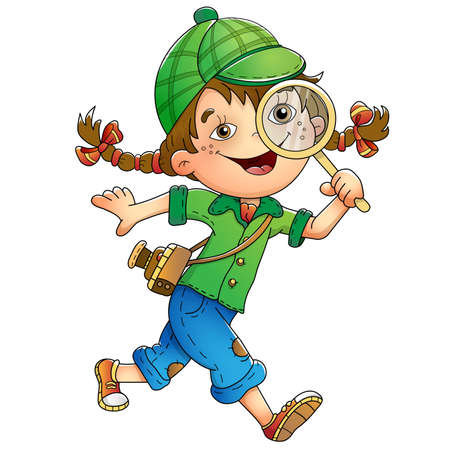 Cartoon girl detective with loupe. Colorful vector illustration for kids.のイラスト素材