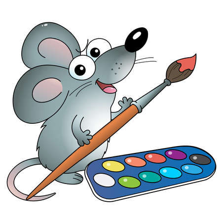 Cartoon mouse with with brush and paints. Little artist. Colorful vector illustration for kids.のイラスト素材