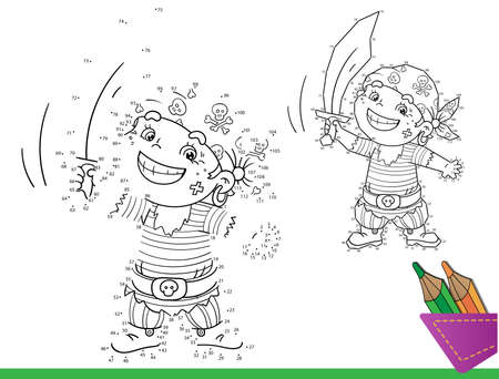 Puzzle Game for kids: numbers game. Coloring Page Outline Of Cartoon Pirate with saber. Coloring Book for children.のイラスト素材
