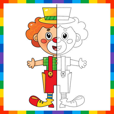 Draw symmetrically. Connect the dots picture. Tracing worksheet. Coloring Page Outline Of cartoon circus clown. Coloring Book for kids.のイラスト素材
