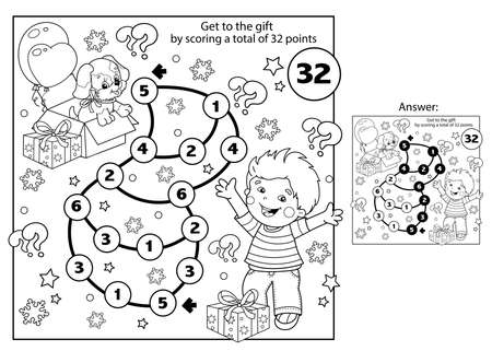 Math addition game. Puzzle for kids. Maze. Coloring Page Outline Of cartoon Boy with dog and gifts. Christmas. New year. Coloring book for children.のイラスト素材