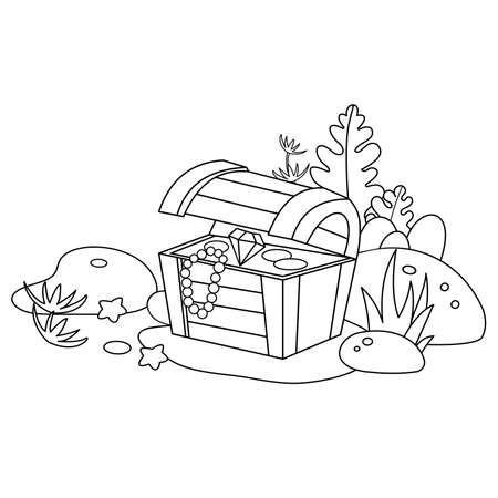 Coloring Page Outline of cartoon pirate chest with gold, jewel or gem and diamond. Sunken treasure. Marine underwater world. Coloring Book for kids.のイラスト素材