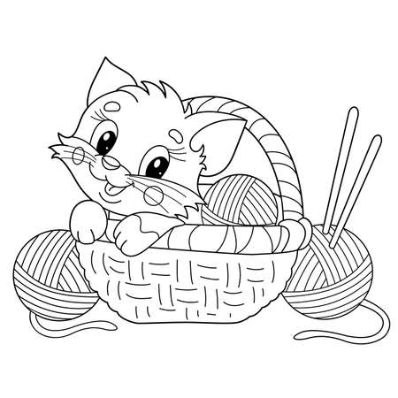 Coloring Page Outline Of cartoon little cat in basket with balls of yarn. Cute kitten. Pet. Coloring book for kidsのイラスト素材
