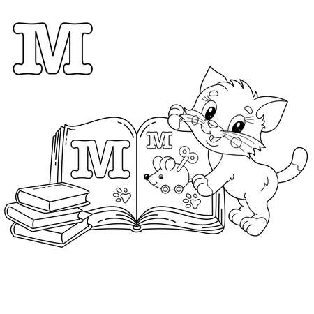 Coloring Page Outline Of cartoon little cat with school books. Cute kitten with textbook. Alphabet and reading. Coloring book for kidsのイラスト素材