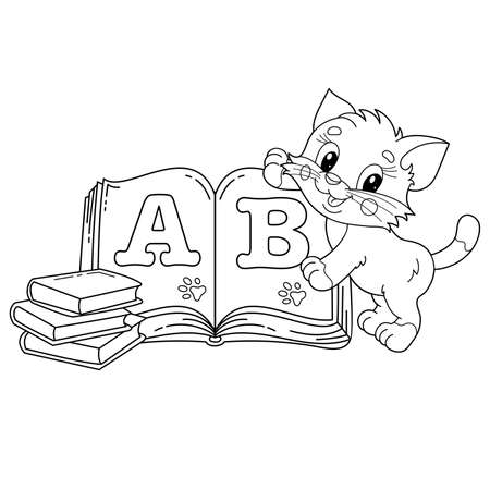 Coloring Page Outline Of cartoon little cat with school books. Cute kitten with textbook. Alphabet and reading. Coloring book for kidsのイラスト素材