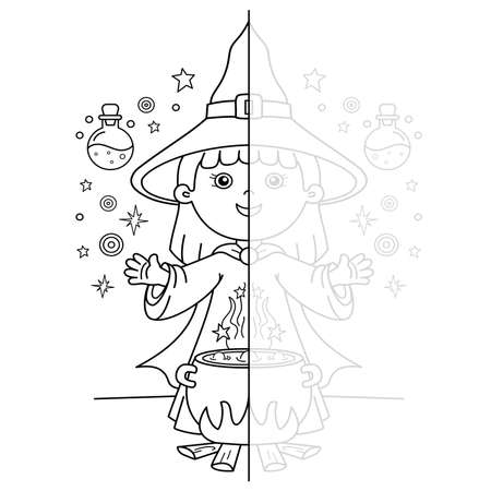 Draw symmetrically. Coloring Page Outline Of cartoon little witch with magical pot. Magic potion and witchcraft. Coloring Book for kids.のイラスト素材