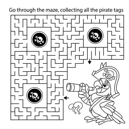 Maze or Labyrinth Game. Puzzle. Coloring Page Outline Of cartoon parrot pirate with telescope. Coloring book for kids.のイラスト素材