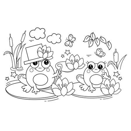 Coloring Page Outline Of cartoon cheerful frogs on pond among the water lilies. Coloring Book for kids.のイラスト素材