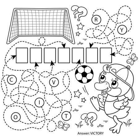 Maze or Labyrinth Game. Puzzle. Coloring Page Outline Of cartoon duck or duckling with soccer ball. football. sport. Coloring book for kids.のイラスト素材