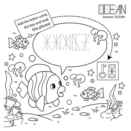 Puzzle Game for kids. Coloring Page Outline Of cartoon fishes. underwater world. Coloring Book for kids.のイラスト素材