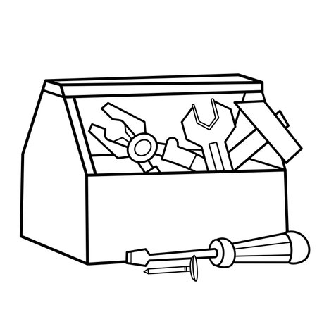 Set of household tools. Cartoon images of saw, wrench, pliers, hammer, axe, screwdriver. Coloring book for kids.のイラスト素材