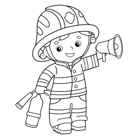 Coloring Page Outline Of cartoon fireman or firefighter with a megaphone or horn and fire extinguisher. profession. Coloring Book for kids.のイラスト素材