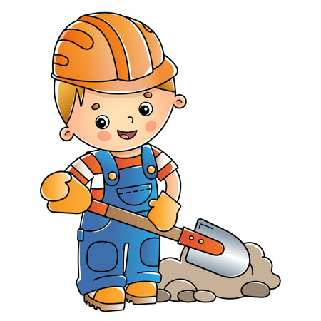 Cartoon builder or worker with shovel. profession. Colorful vector illustration for kids.のイラスト素材