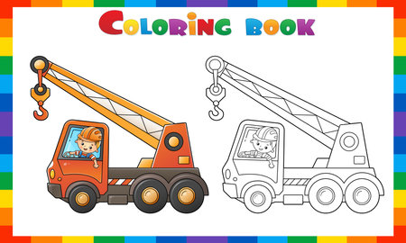 Coloring Page Outline Of cartoon truck crane with worker. construction vehicles. Coloring book for kids.のイラスト素材