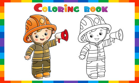 Coloring Page Outline Of cartoon fireman or firefighter with a megaphone or horn. profession. Coloring Book for kids.のイラスト素材
