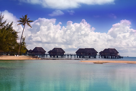 Typical Polynesian landscape -small houses on waterのeditorial素材