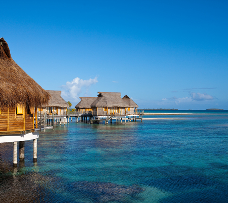 Typical Polynesian landscape -small houses on water.のeditorial素材