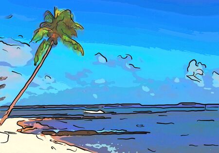 Sandy coast of the dark blue sea with a palm treeの写真素材