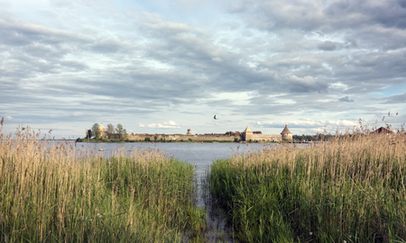 Ancient Fortress Oreshek (Nutlet) on the Neva river near Ladoga lake, Shlisselburg, Russia. Fortress walls and towers.のeditorial素材