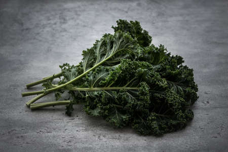 Superfood, diet food, healthy food. Fresh green curly kale leaves on a gray background, tonedの写真素材