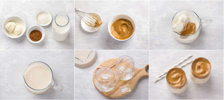 Preparation of trendy dalgona coffee. Collage, cooking recipe, step by step on a light gray textured background, top viewの写真素材