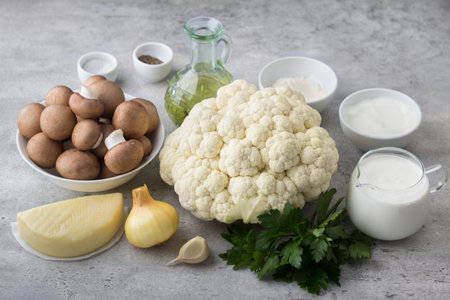 Ingredients for a vegetarian delicious dish: cauliflower, champignon mushrooms, cheese, cream, onion, garlic, cream cheese, flour, olive oil, fresh parsley, salt and pepper on a gray textured backgroundの写真素材