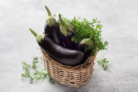 Wicker basket with ripe eggplants and herbs on a gray textured background.の写真素材