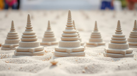 Miniature sand stupas arranged on a beach during a cultural festival or religious event.の素材